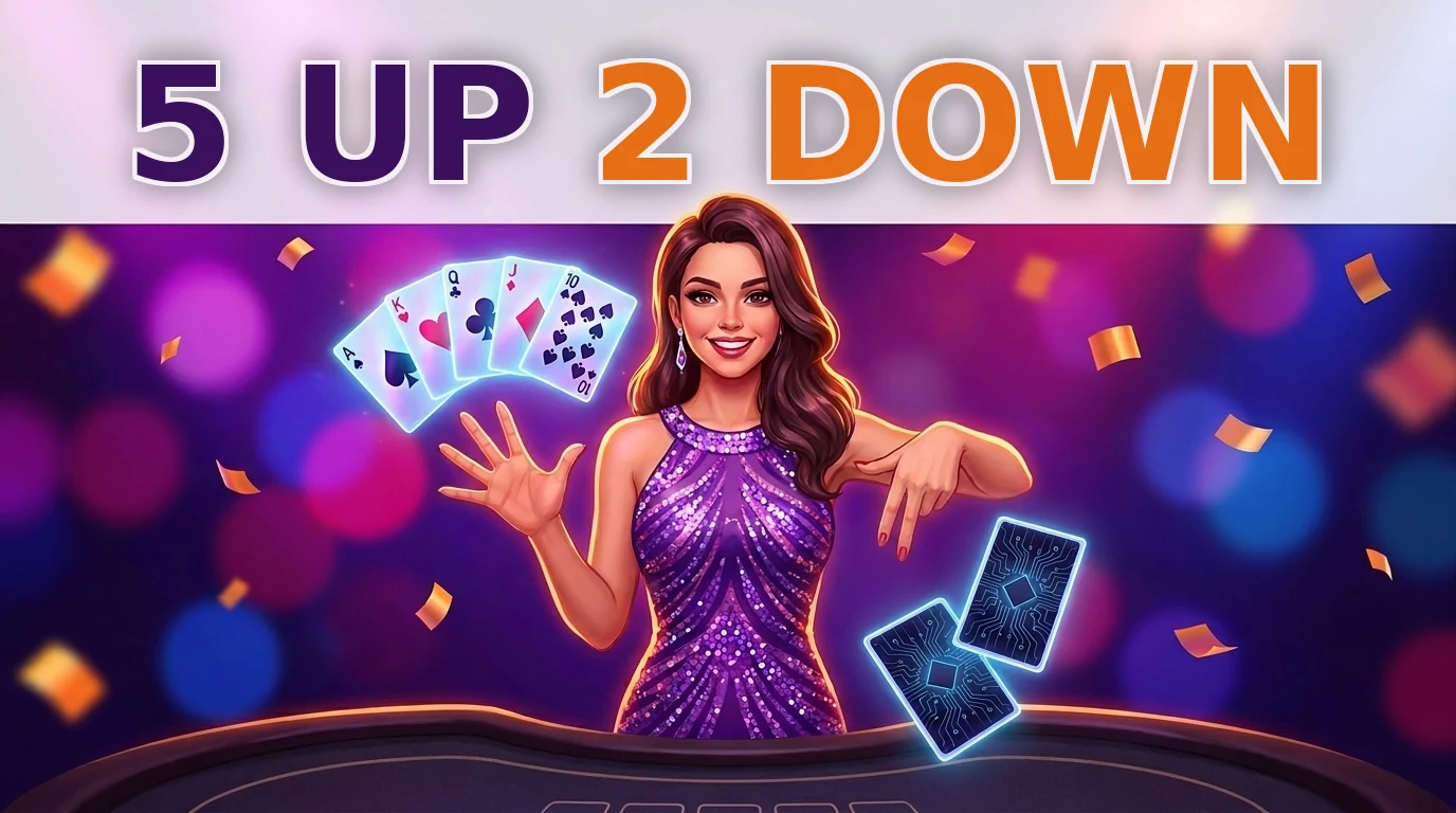 5 Up 2 Down splash art: a smiling dealer holds an open palm under five glowing face-up cards and points two fingers down at two face-down cards.