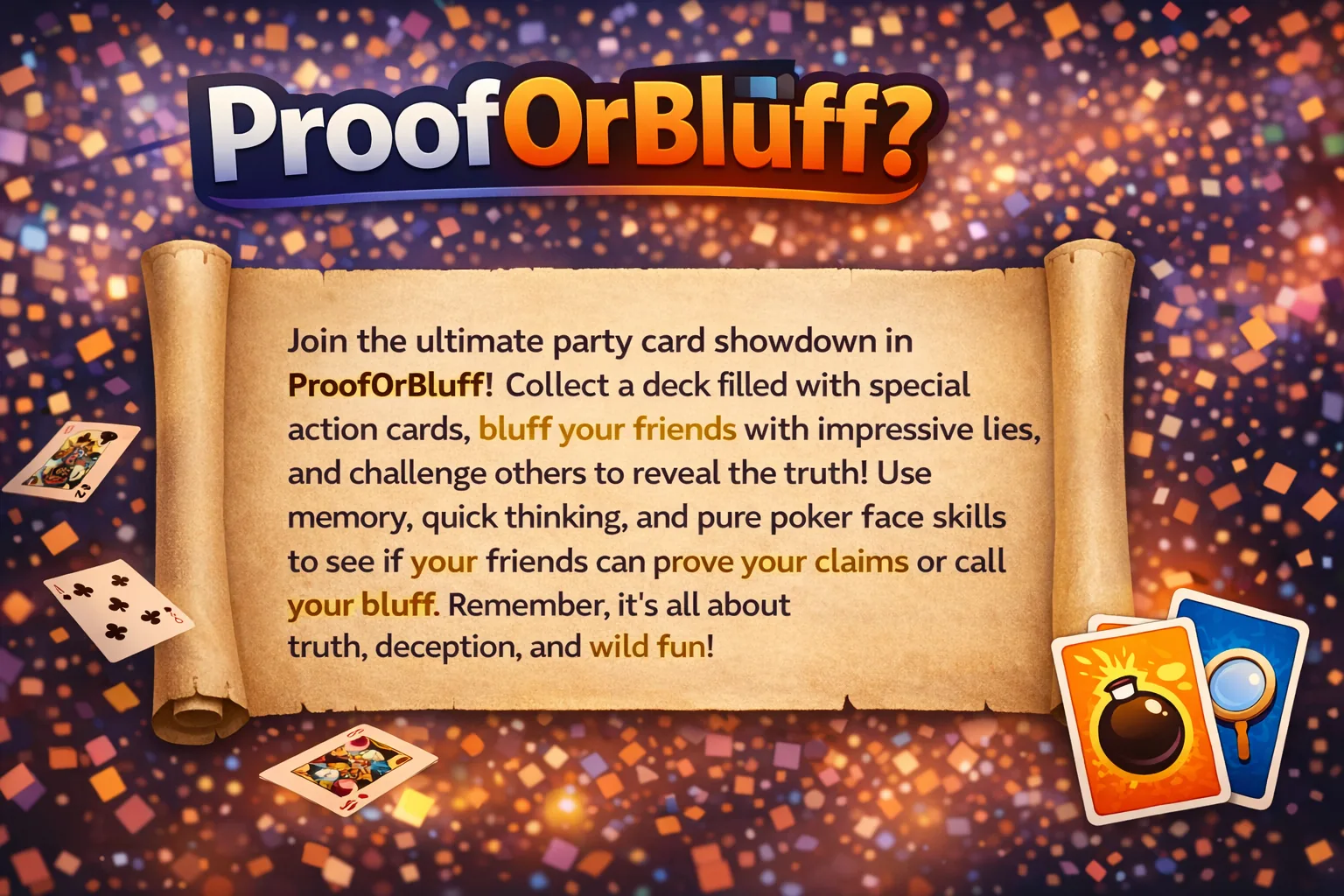 Proof or Bluff banner art: playing cards on a dark purple table.